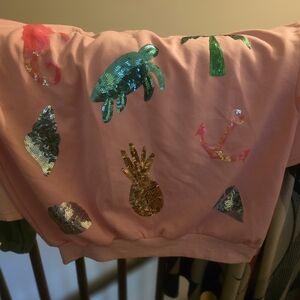 Pink Sequin Embellished Sweatshirt And Matching Shorts with Tropical Motifs